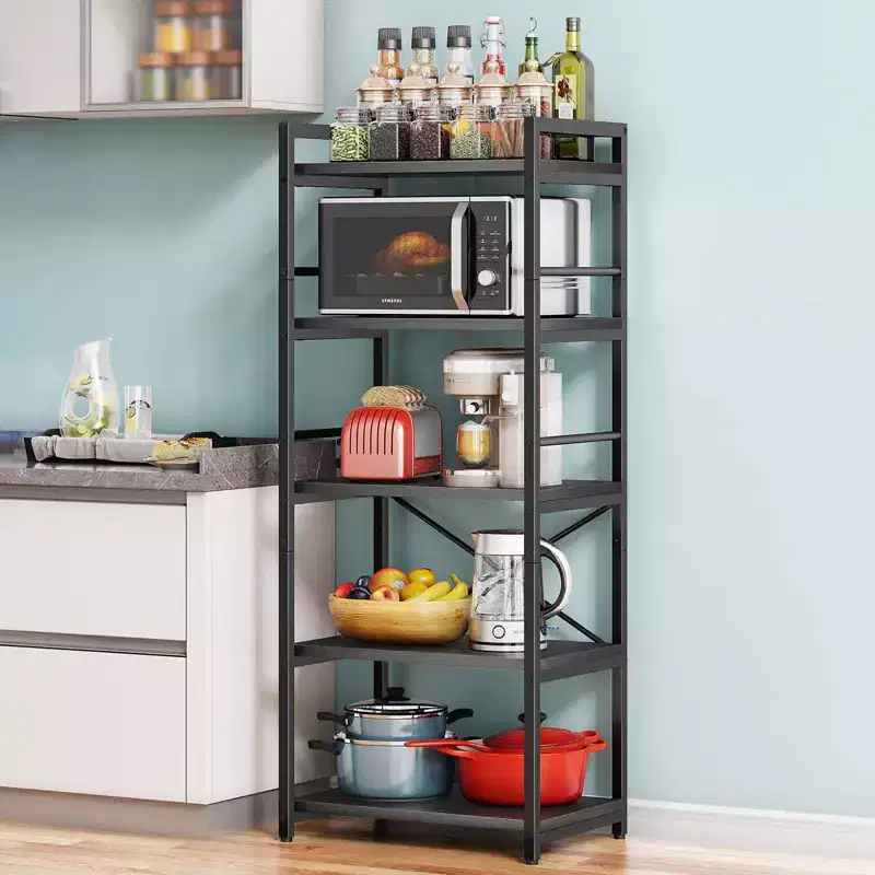 Denkee 5-Tier Baker Rack, Industrial Microwave Stand Shelf, Coffee Bar for Small Spaces, Free Standing Kitchen Shelf with Storage, Black/Brown/Gray