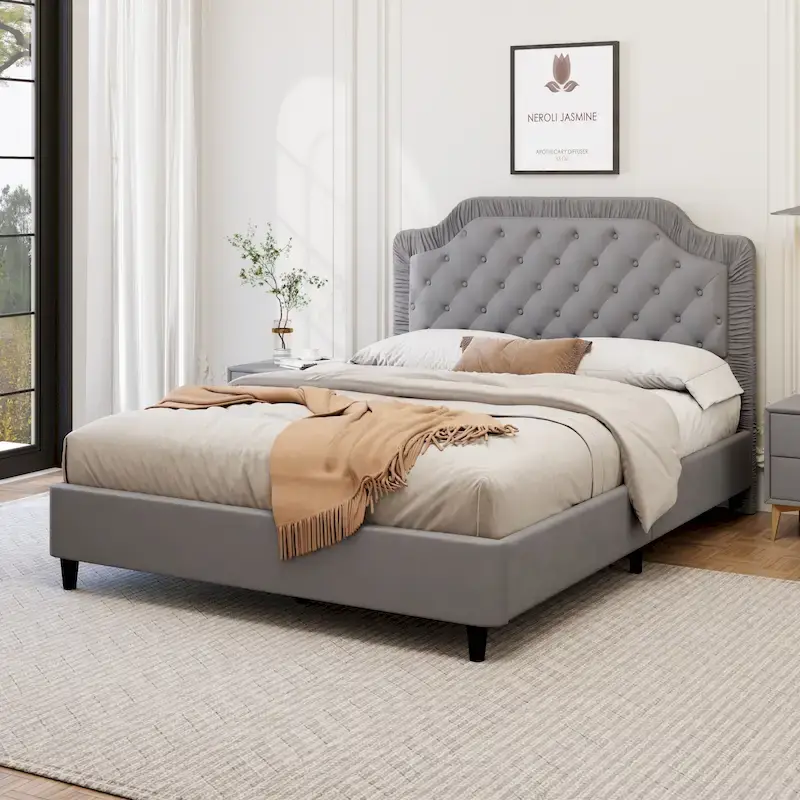 Modern Full-Size Upholstered Bed with Pleated and Button-Tufted Headboard, Solid Wood Frame and Metal Base, No Box Spring Needed