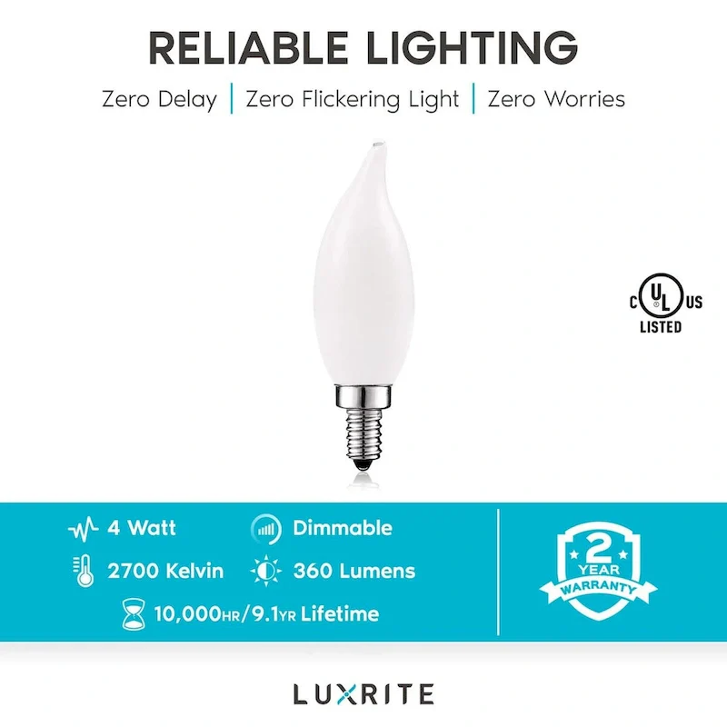 Luxrite 4W Frosted Candelabra LED Bulbs Dimmable, 2700K Warm White, 360 Lumens, 40W Equivalent, E12 Base (6 Pack)