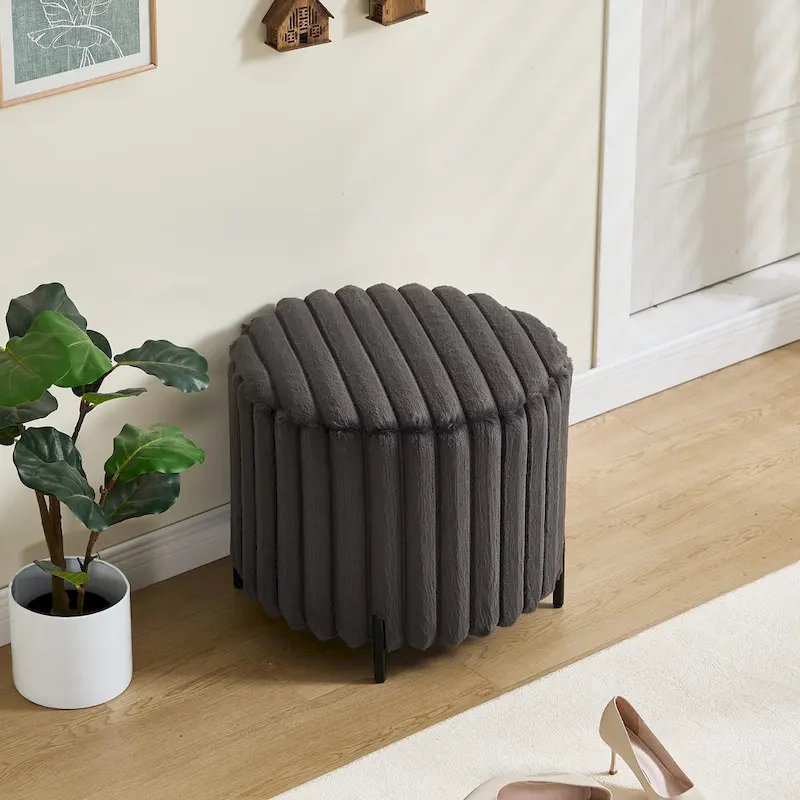 22.05Wide Upholstered Round Pouf Ottoman Foot Rest with Black Metal Legs