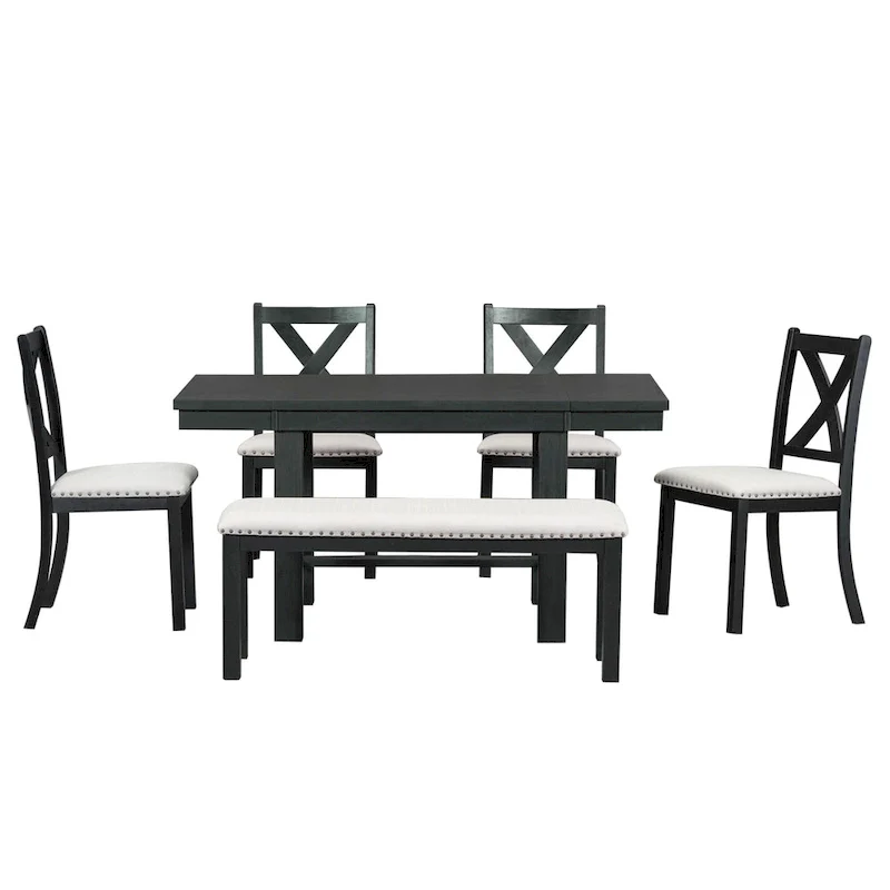 Black 6-Piece Wooden Dining Table Set with Extendable Table & 4 Chairs & Bench