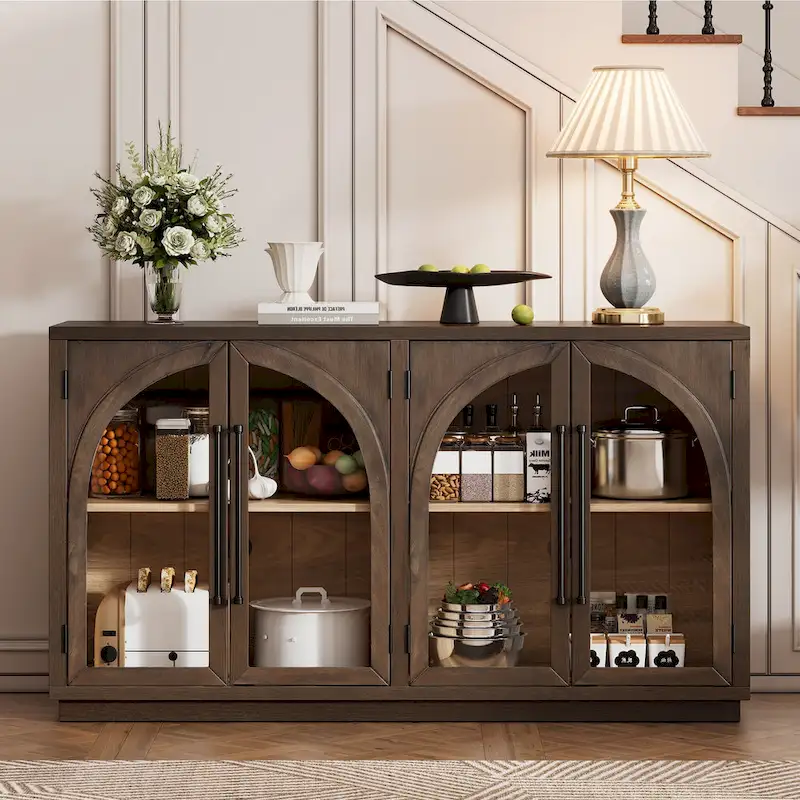 4-Door Large Storage Sideboard Buffet Cabinet with Glass Doors, Arched Cabinet with Adjustable Shelves