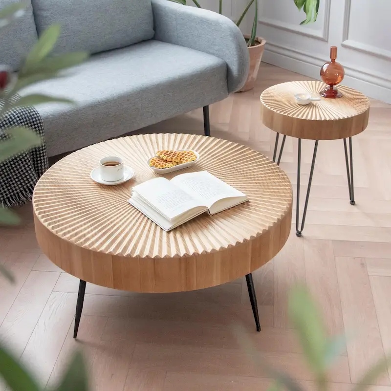 Rustic Cylindrical Wood Veneer Coffee Table – Natural / White / Light Red & Natural