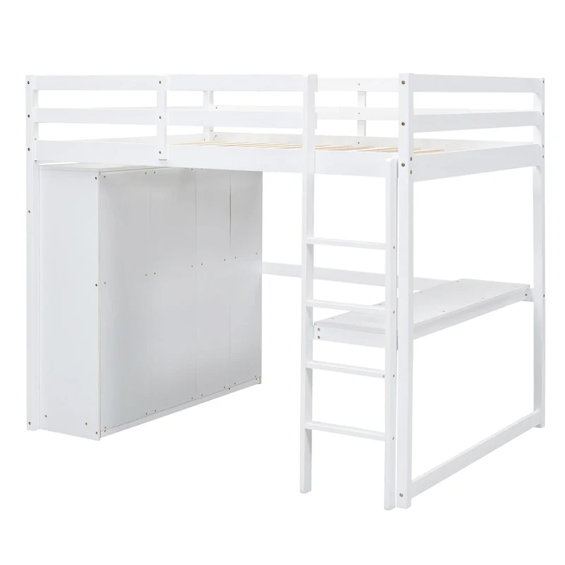 White Full Size Solid Wood Loft Bed with Wardrobe, Desk, and Shelves