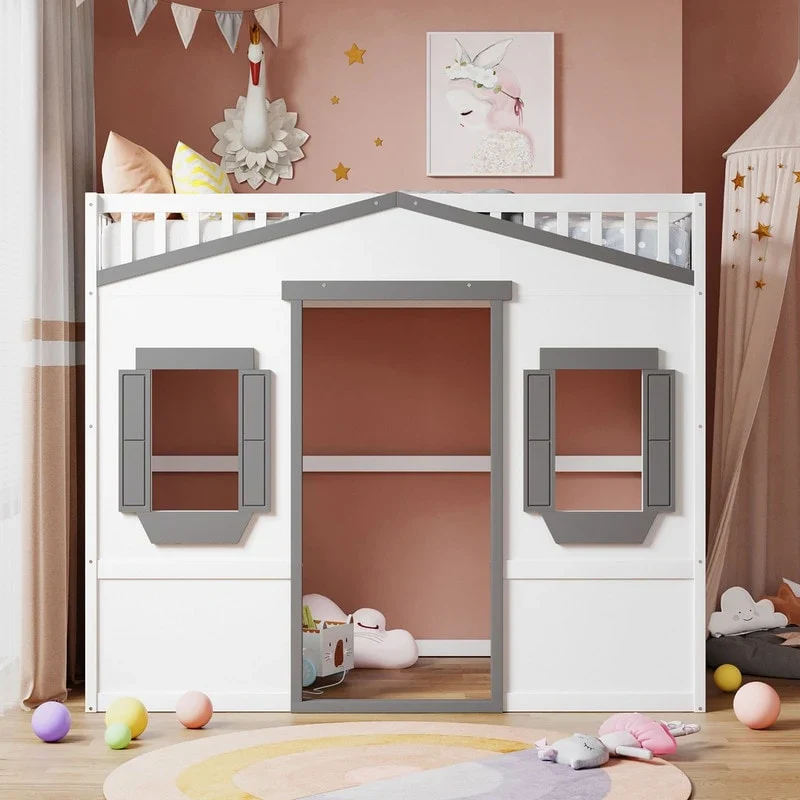 House Loft Bed Twin Kids Playhouse Bed, Solid Wood Loft Bed Frame with Window and Ladder