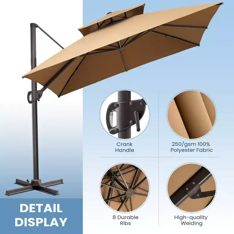 Crestlive Products 10 Feet Square 2-Tier Top Patio Cantilever Offset Umbrella 360 Shade With Weighted Base