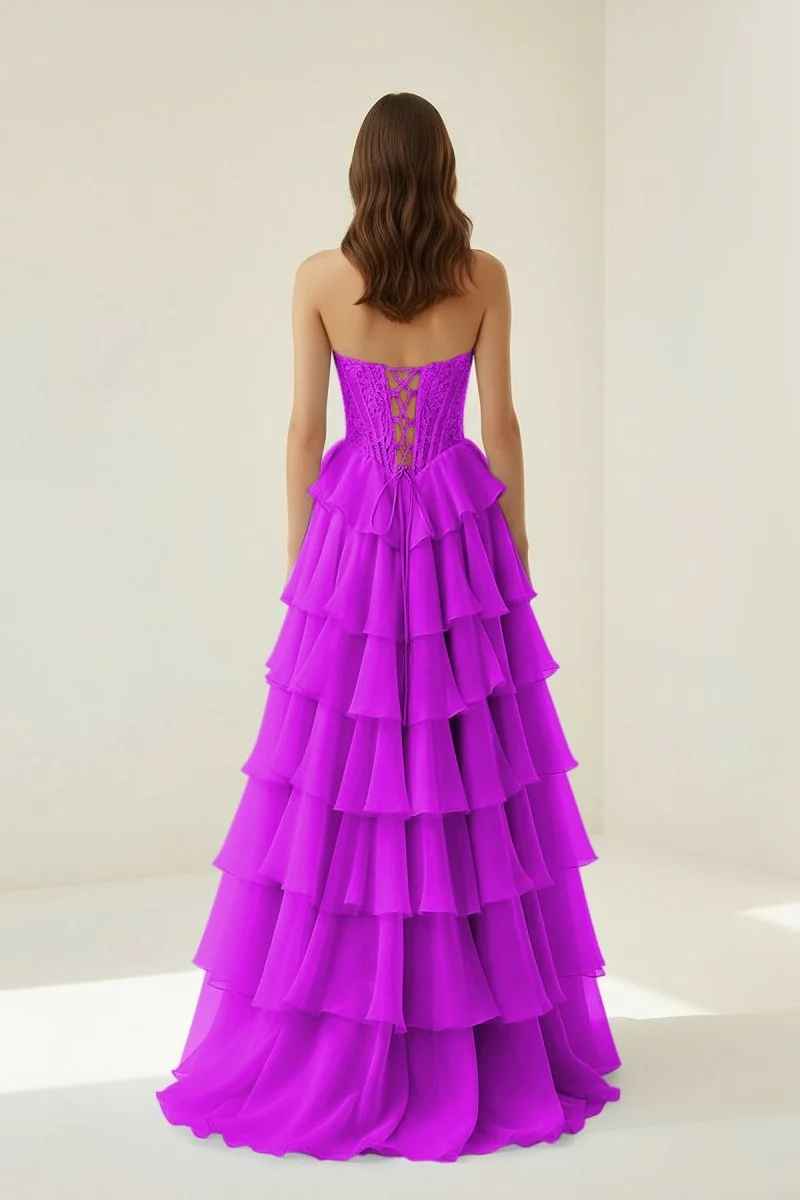 Magenta - Strapless A Line Chiffon Ruffled Prom Dresses With Appliques