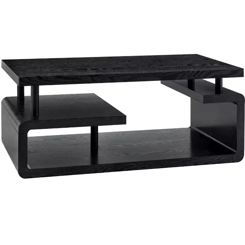 Three-Tier MDF Coffee Table with Black Wood Grain Finish and Multi-Layer Storage for Living Room