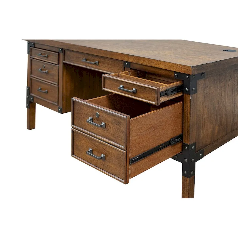 Addison Rustic Half Pedestal Executive Desk, Writing Table, Office Desk, Brown