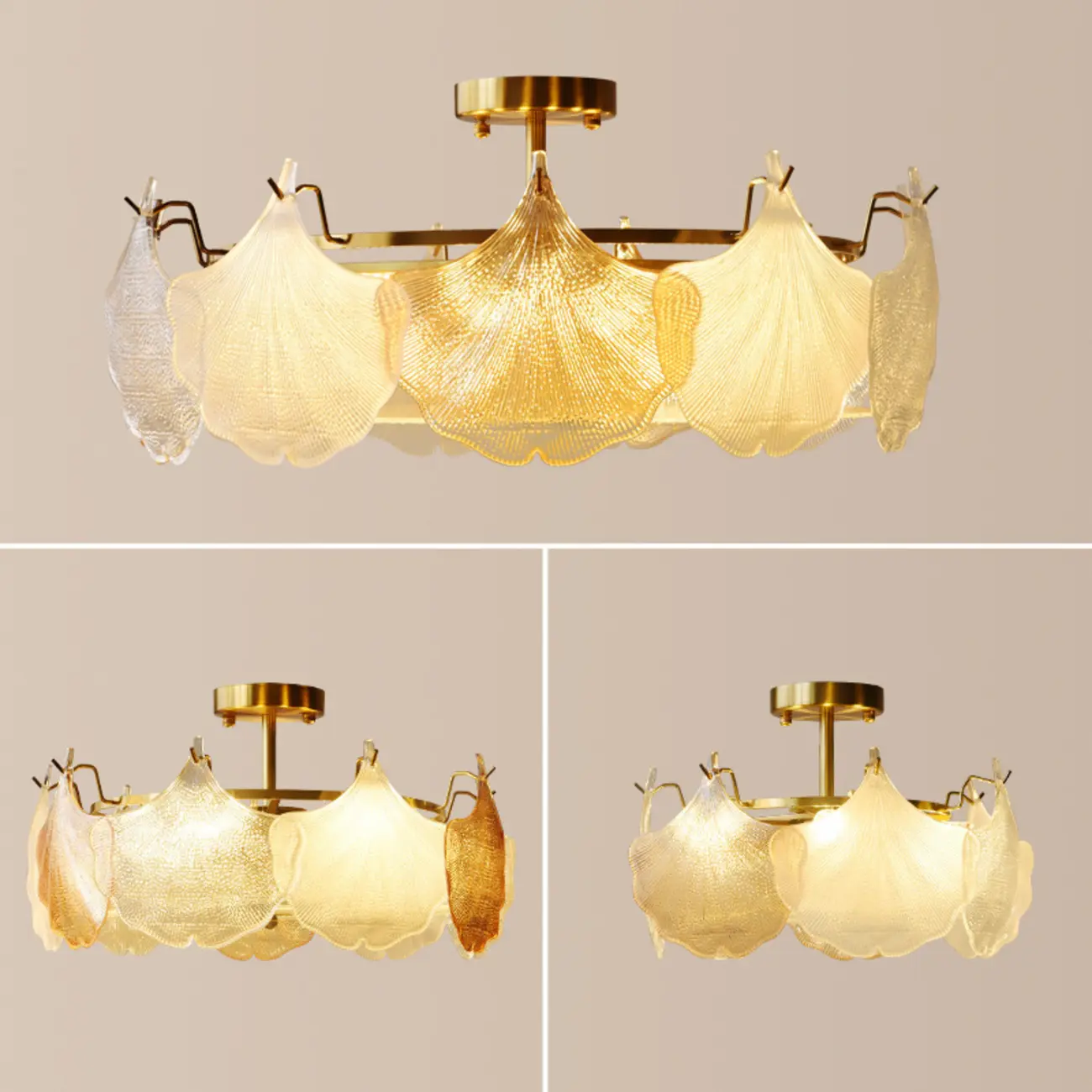 Modern Glass Leaf Shape Gold Semi Flush Ceiling Light