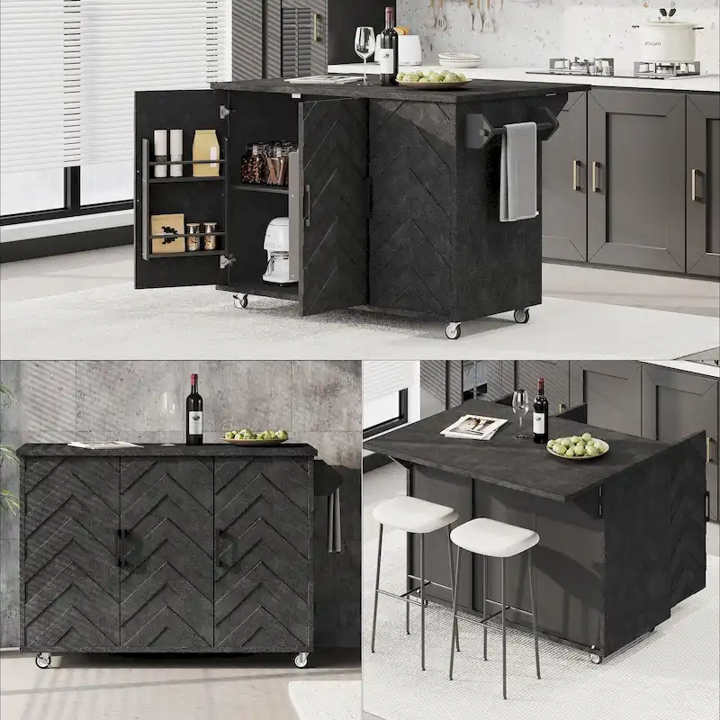 Handwoven Ash Veneer Kitchen Island with Drop Leaf – Black / Natural Wood / Navy Blue / Champagne