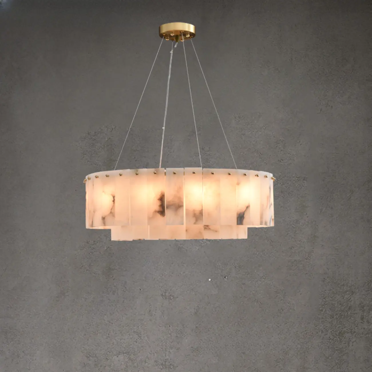 2-Tiers White Metal Circle Alabaster Drum Chandelier