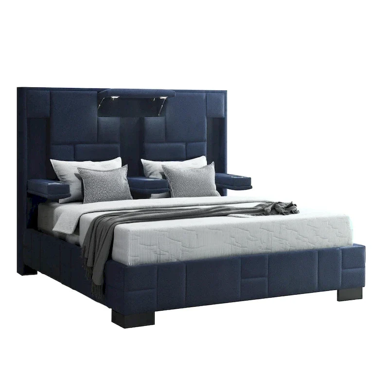Queen Upholstered Bed Frame with LED Lighting & Bluetooth – Navy Blue / Black, Sleeps 2