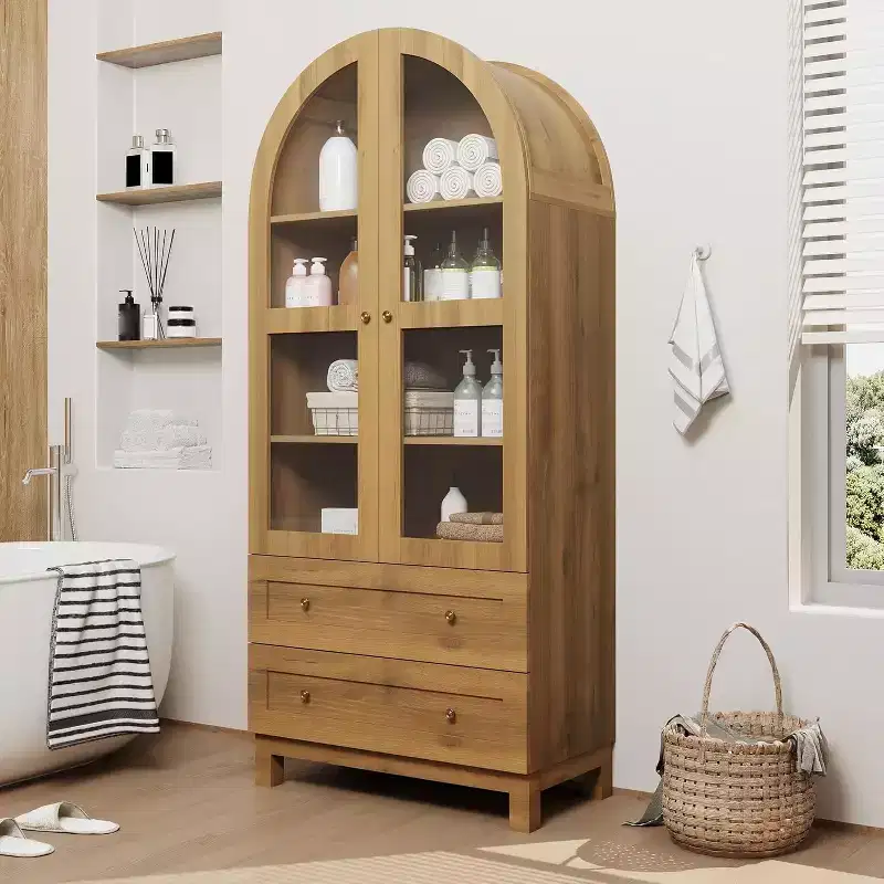 71 Tall Arched Pantry Cabinet, Modern Farmhouse Kitchen Storage Cabinet with 2 Large Drawers