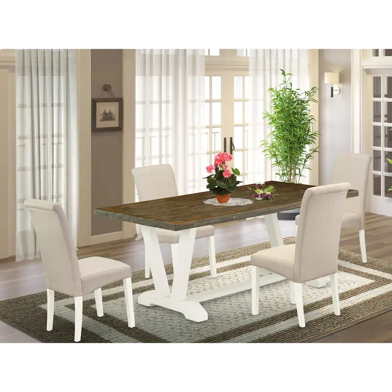 East West Furniture Kitchen Table Set- a Dining Table and Cream Linen Fabric Chairs, Linen White(Pieces Options)