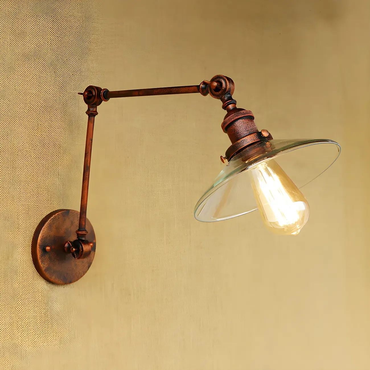 Antique Brass Glass Industrial Swing Arm Wall Light