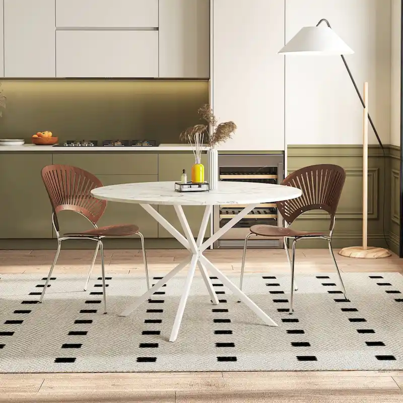 White / Black Round Dining Table with Cross Metal Legs – 2 to 4 Person