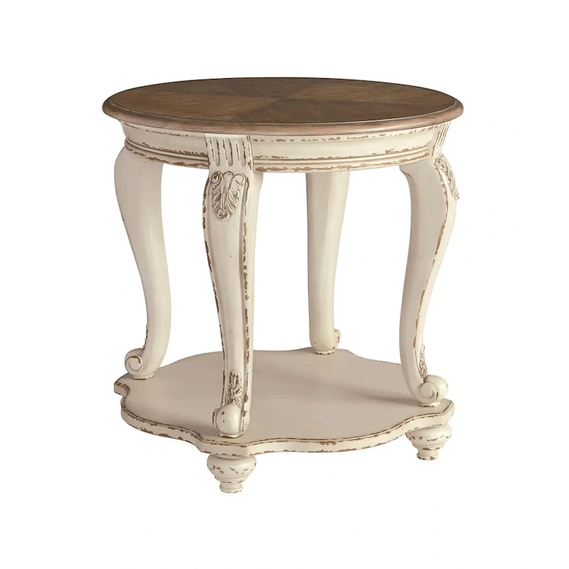 Round End Table White Brown Two-Tone Cottage Style 26W x 26D x 25.88H with Shelf