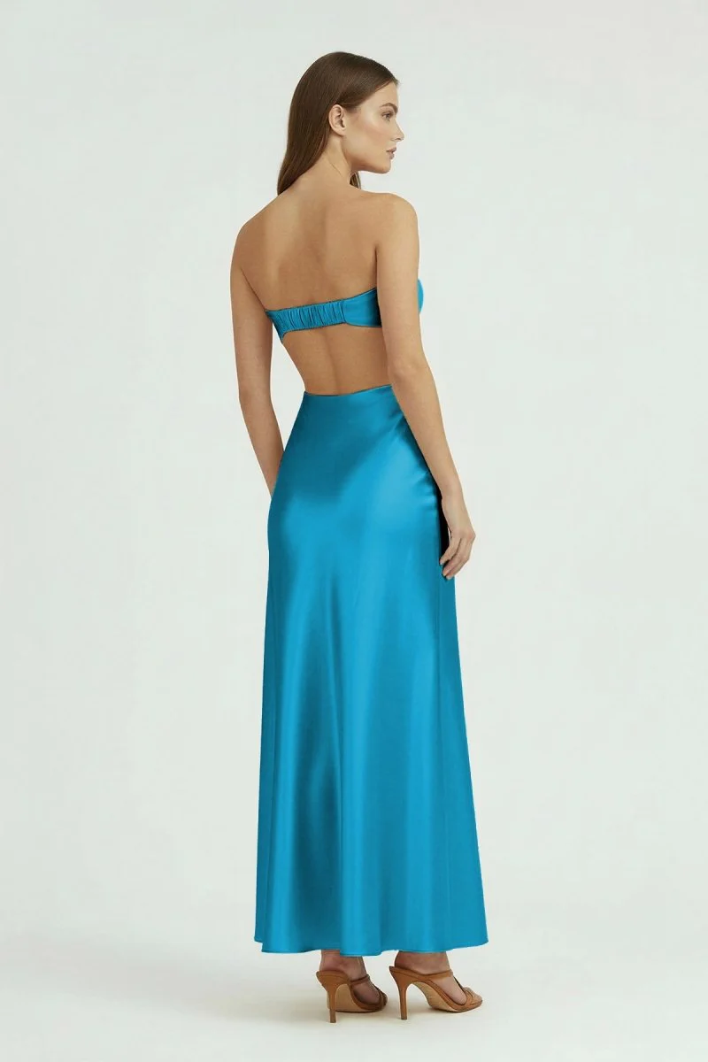 Aqua Strapless Sheath Satin Open Back Prom Dresses With Cutout