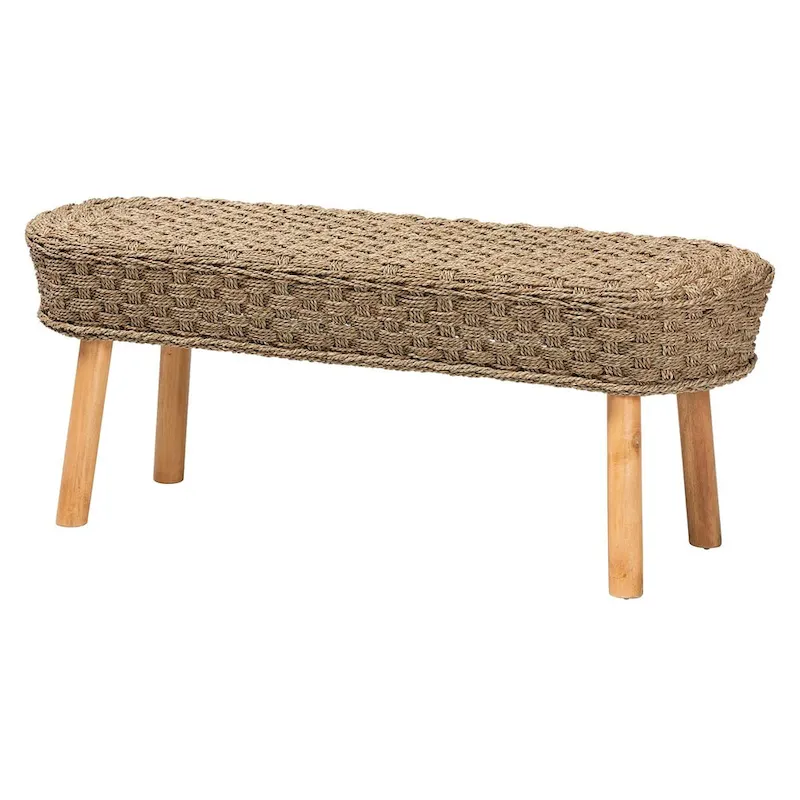 Denver Modern Bohemian Natural Seagrass and Acacia Wood Accent Bench