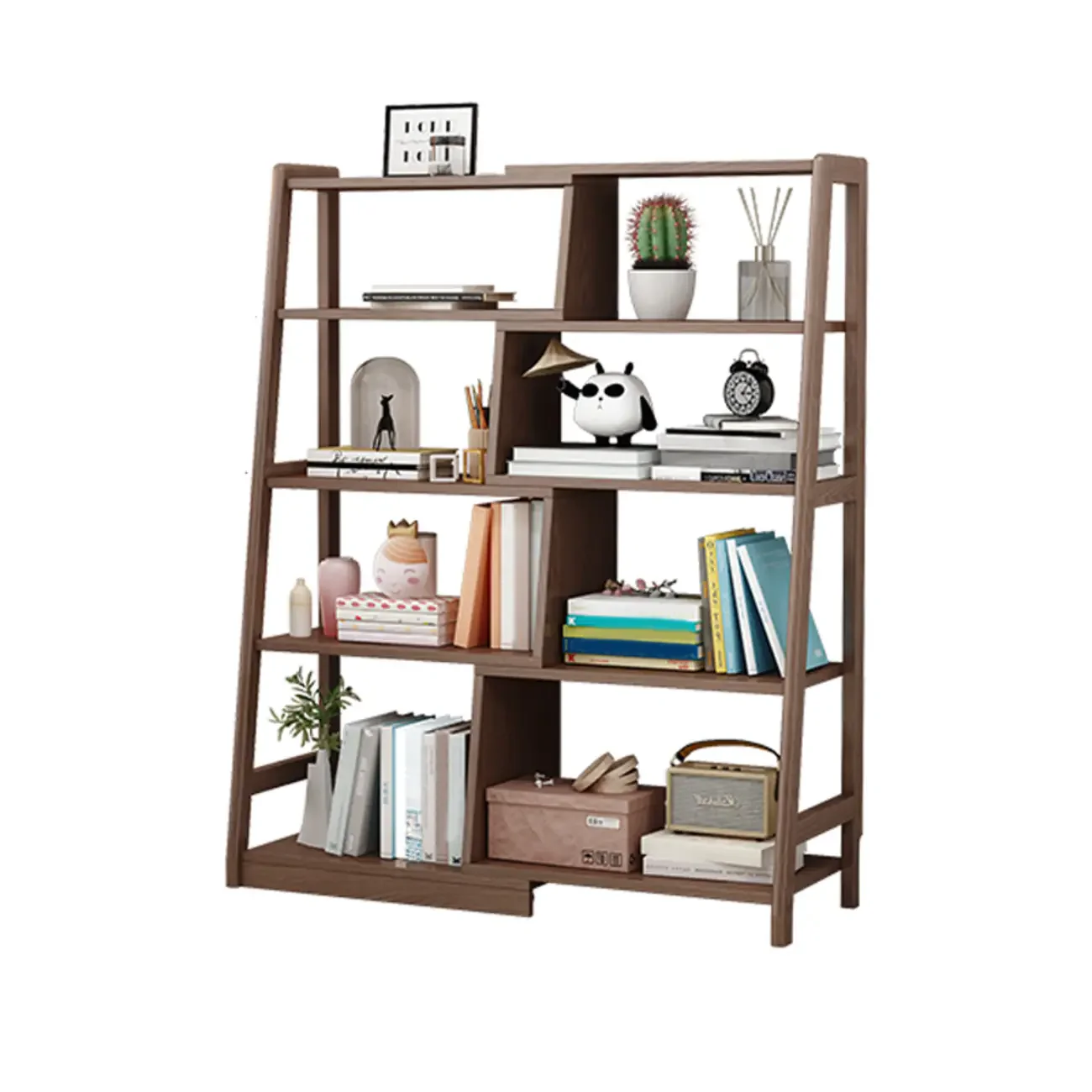 5-Tier Walnut Wooden Open Ladder Bookshelf