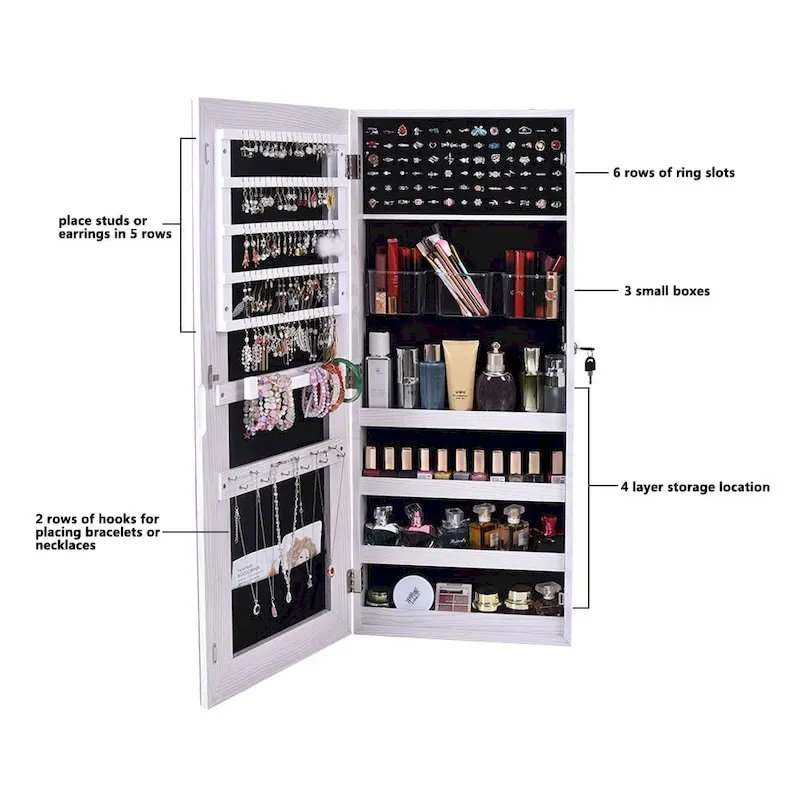 White Wall-Mounted Jewelry Cabinet with Mirror & Lock, 1-Person