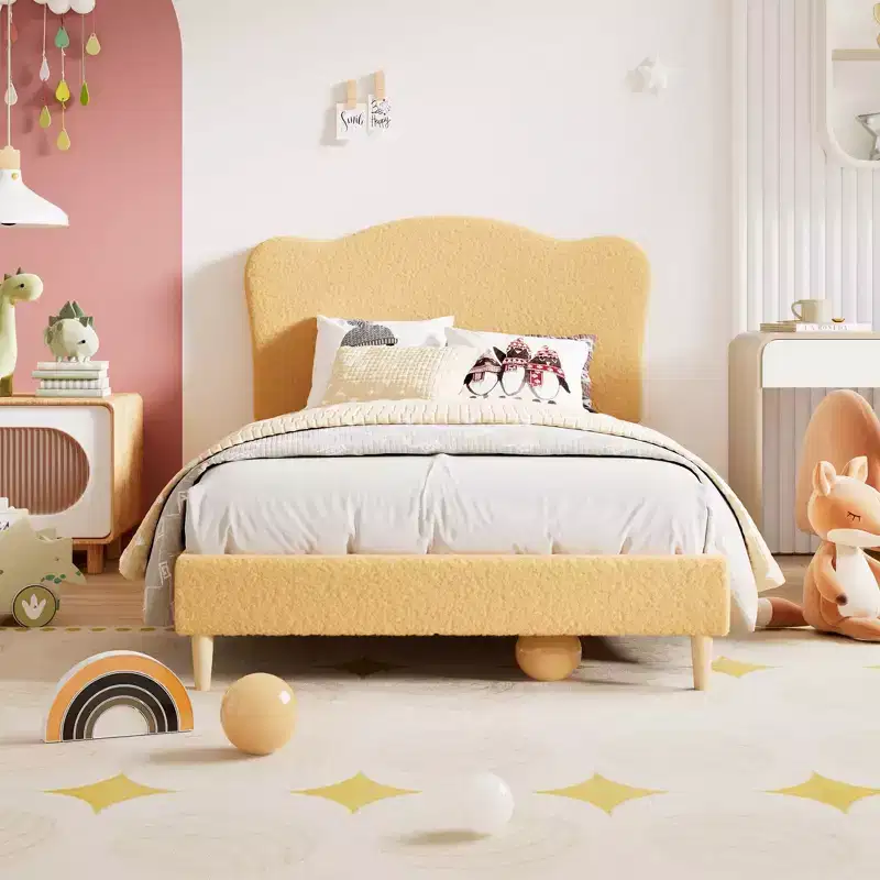 Full Upholstered Bed Frame with Headboard  Fleece Fabric, Wood Slats, No Box Spring, Metal Platform for Kids & Adults