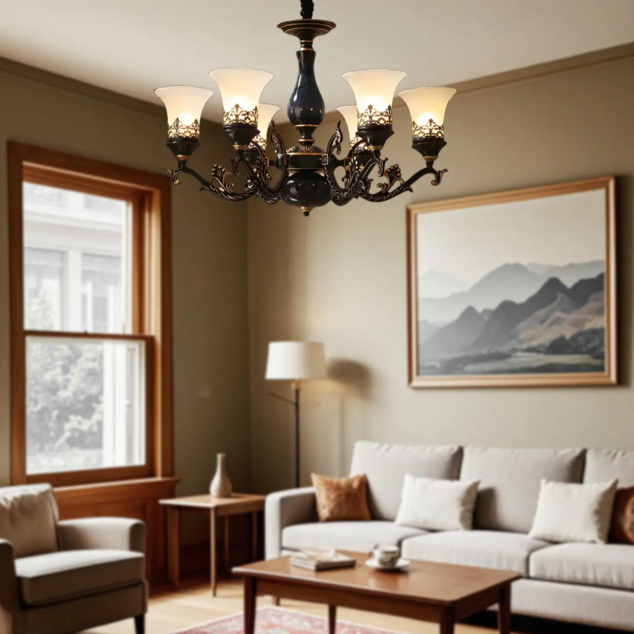 Mid-Century Living Room Black Frosted Wite Glass Bell Shape Chandelier