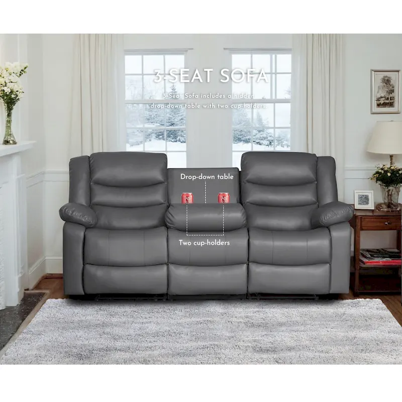 Faux Leather Manual Reclining Living Room Sofa with Dropdown Table and Console