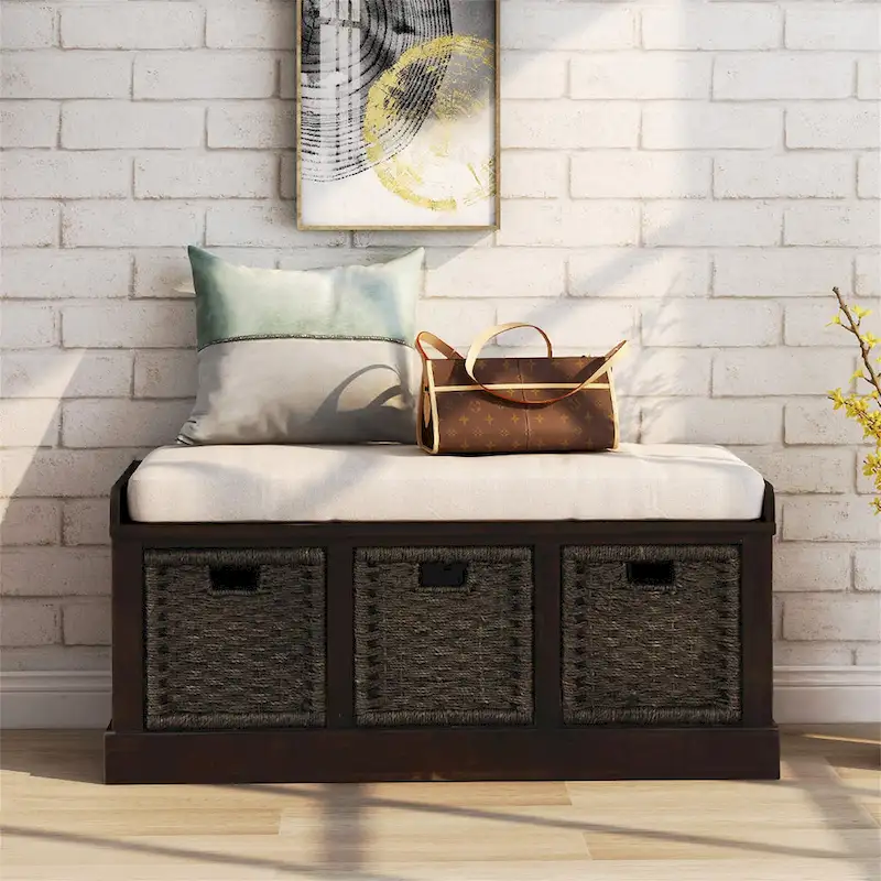 White Washed/White/Espresso/Navy Storage Bench with 3 Rattan Baskets