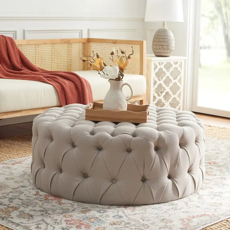 Round Button-Tufted Linen Ottoman – Mushroom / Grey / Antique Gold / Wheat / Bordeaux / Navy / Taupe, Single