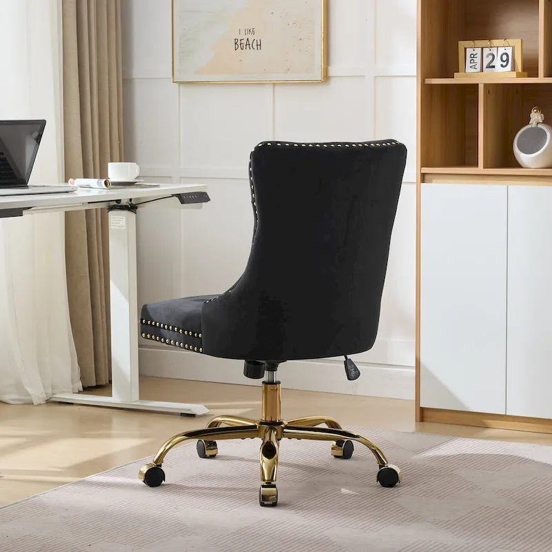 A&A Gray Velvet Tufted Home Office Chair with Golden Metal Base - Adjustable Swivel Desk Chair