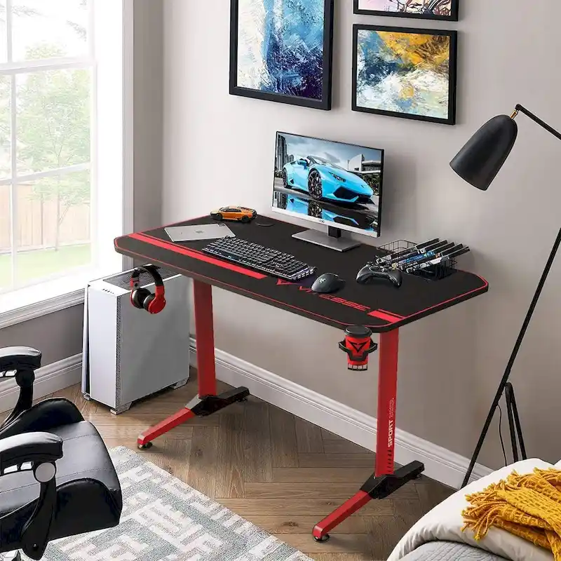 BOSSIN Ergonomic Gaming Desk T-Shaped Office PC Computer Desk with Full Desk Mouse Pad, Handle Rack, Cup Holder Headphone Hook
