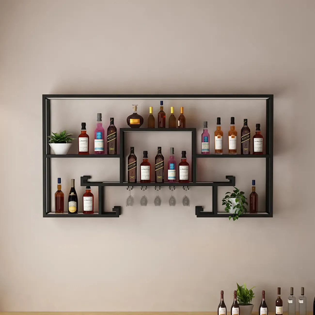 Multi-Shelf Metal Wall-Mounted Wine Bottle & Glass Rack