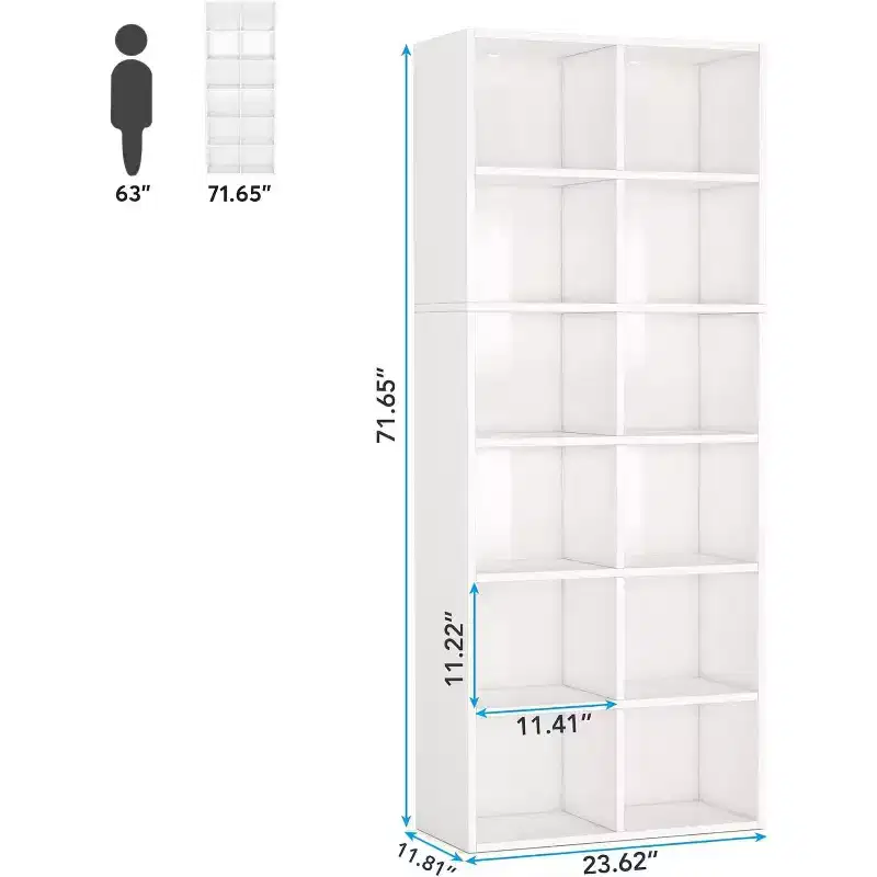 Lantine 71.65 Inch Tall Narrow Bookcase Bookshelf, White Modern Bookcase with 12 Cube Storage for Home Office, Vertical or Horizontal