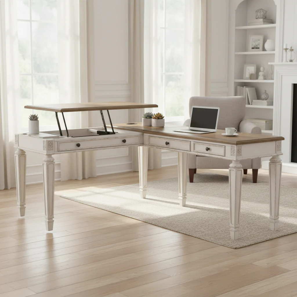 Antique White/Brown 2-Piece Home Office Lift Top Desk