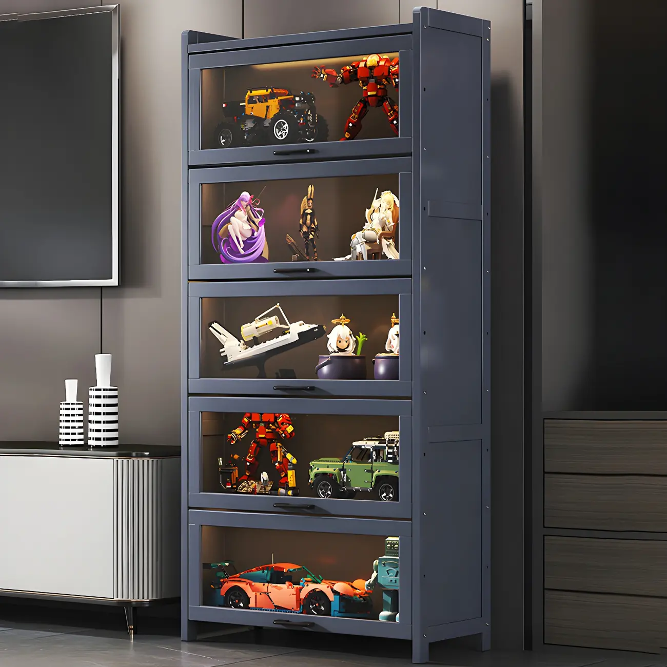 Living Room Modern Gray Bamboo Display Cabinet