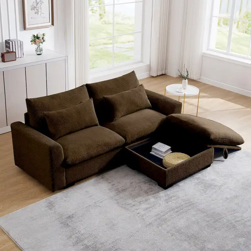 Sectional Sofa Comfy Corduroy Couch with Pillows and Round Armrests,Corduroy Sofa Sleeper Deep Couches with Storage Ottoman