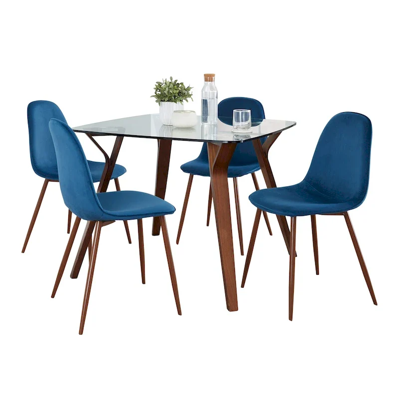 Blue/Grey Velvet & Fabric 5-Piece Square Dining Set for 4, Clear Glass & Walnut Wood