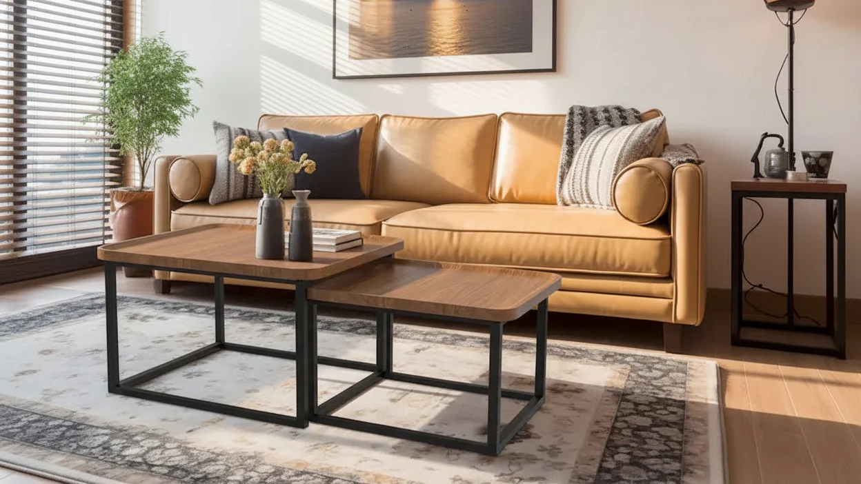 Square Nesting Coffee Table Wood Metal Stacking Side Table - 22x22x18