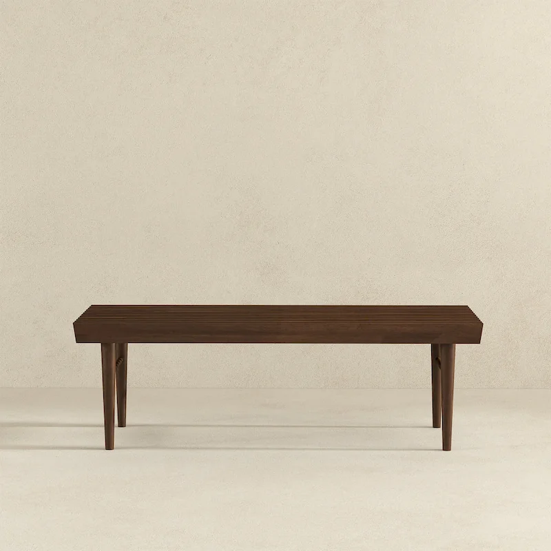 Silvie Mid-Century Solid Wood Upholstered Bench in Brown