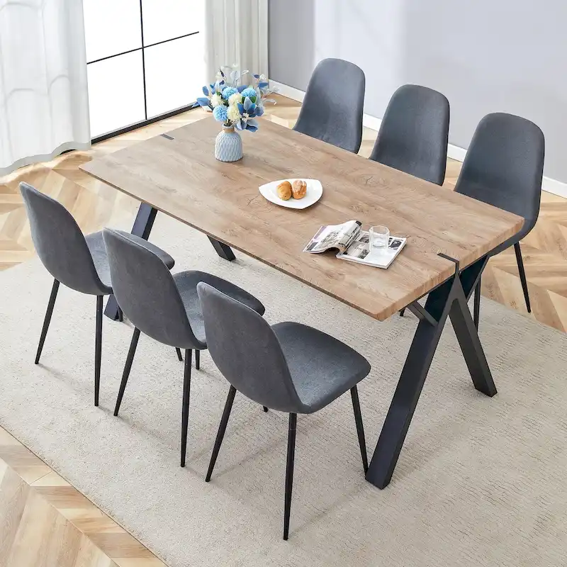 Modern Dining Set with Rectangular Black A-Frame Table & Round Backrest Chairs
