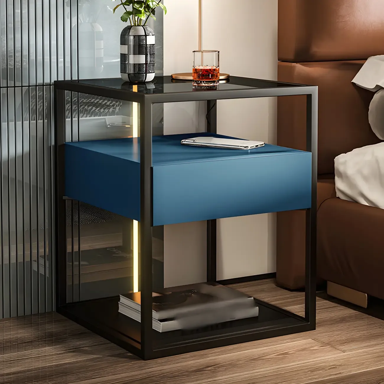 Modern Blue Nightstand with Glass Top and Drawer Storage