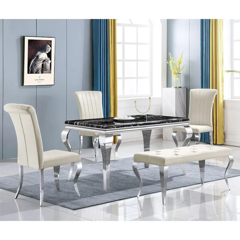 Luxury Velvet Bench Button Tufted Upholstered Dining Bench with Polished Metal Legs