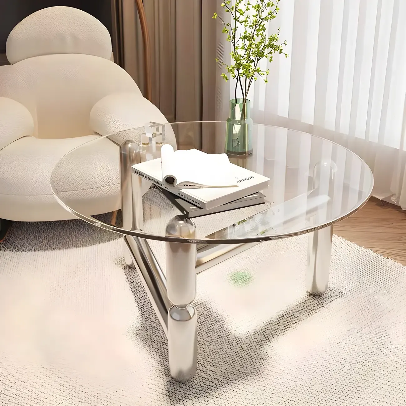 Round Glass Top Coffee Table with Stainless Steel Base