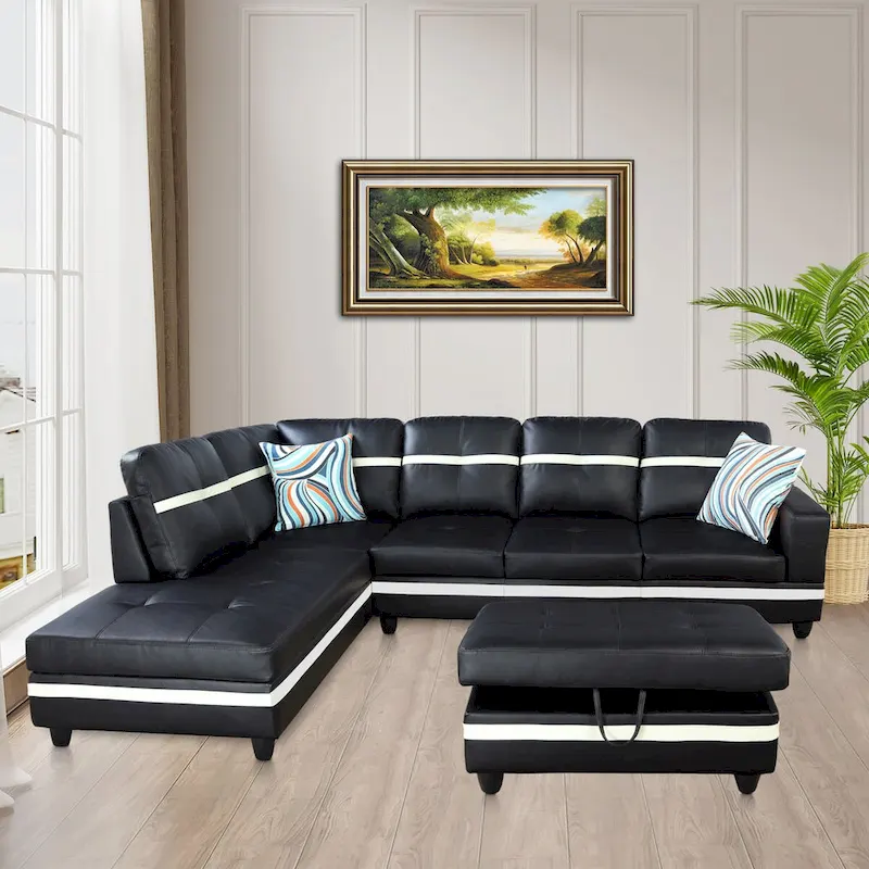 L-Shape Semi PU Leather Living Room Sofa Set with Ottoman,3-Piece