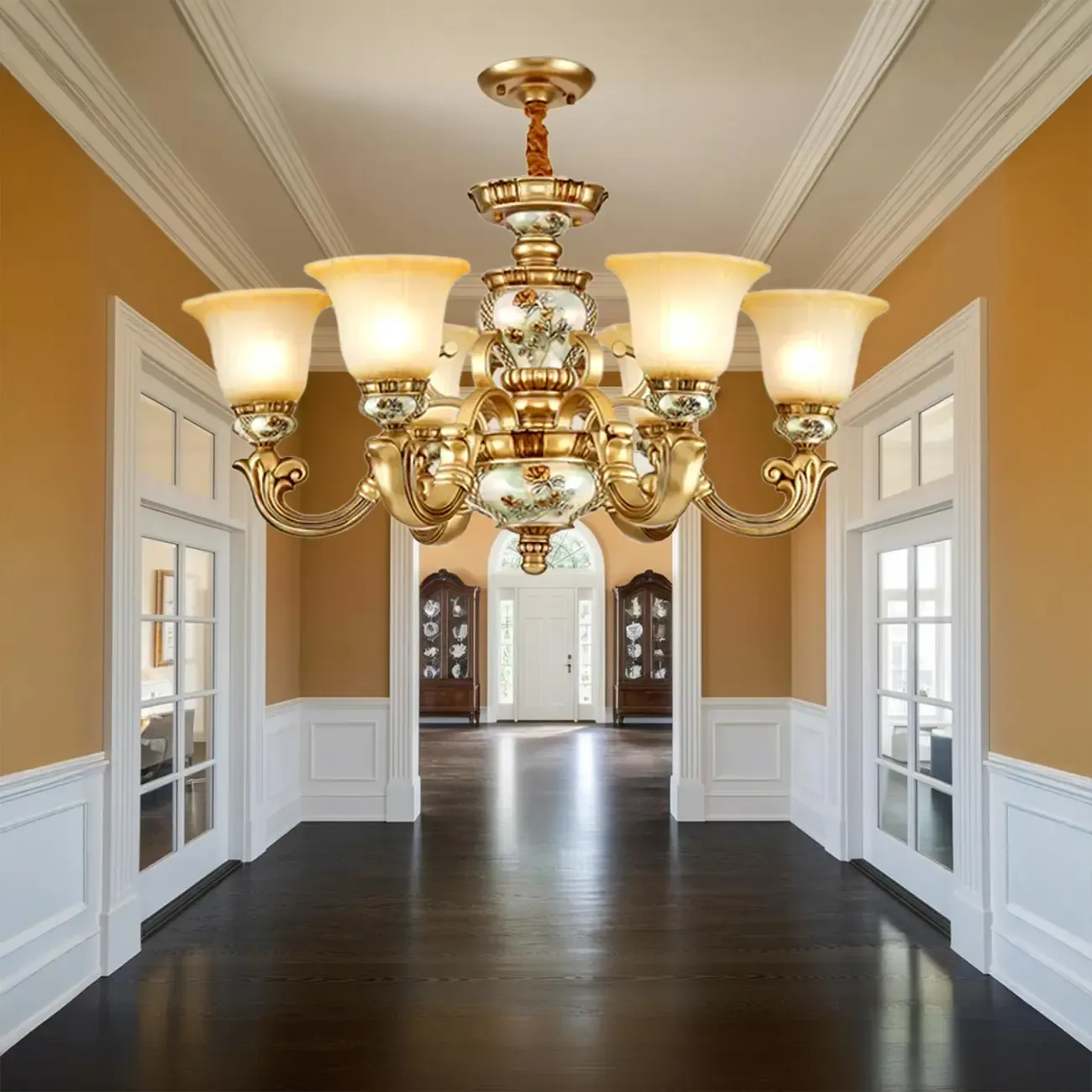 Antique Gold Ceramic Chandelier with Frosted Glass Bell Shape