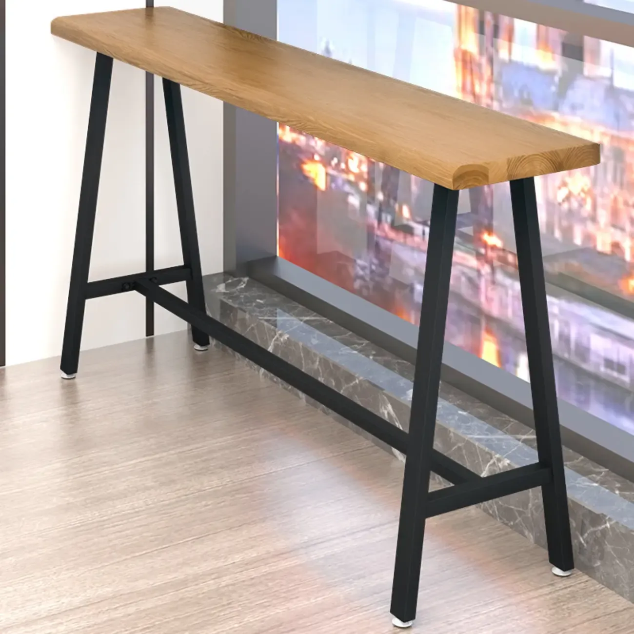 Simple Brown Pine Bar Tables with Footrest