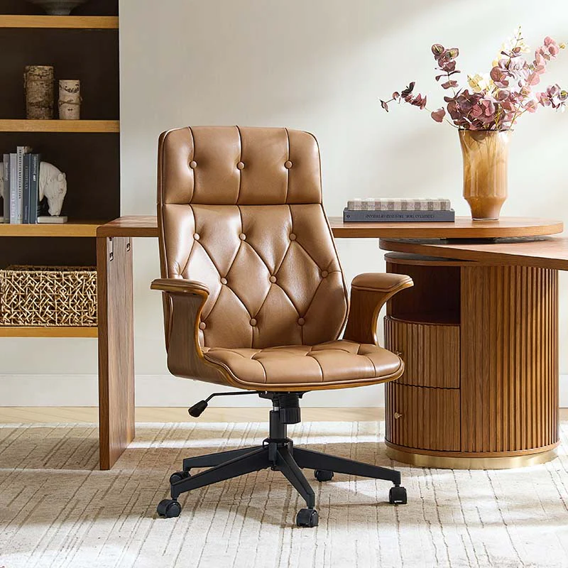 Curved Wood Back Leather Office Chair with Button Tufting, 14° Tilt & Swivel Casters | Camel / Burgundy | Single Seat