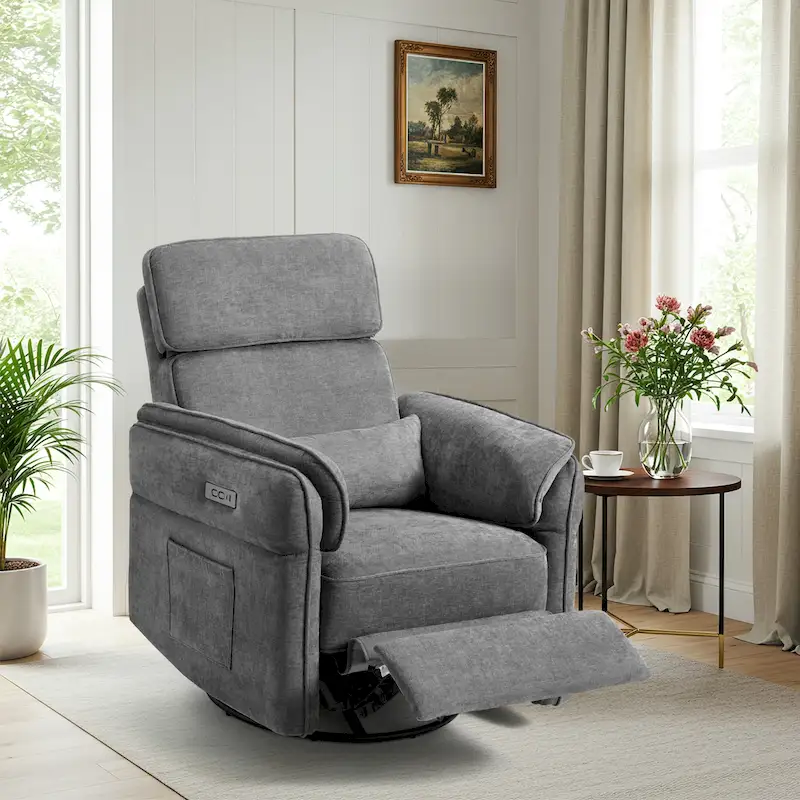 Power Swivel Rocker Recliner Chair with Adjustable Headrest and Armrests, USB & Type-C Charging, Nursery Glider Recliner